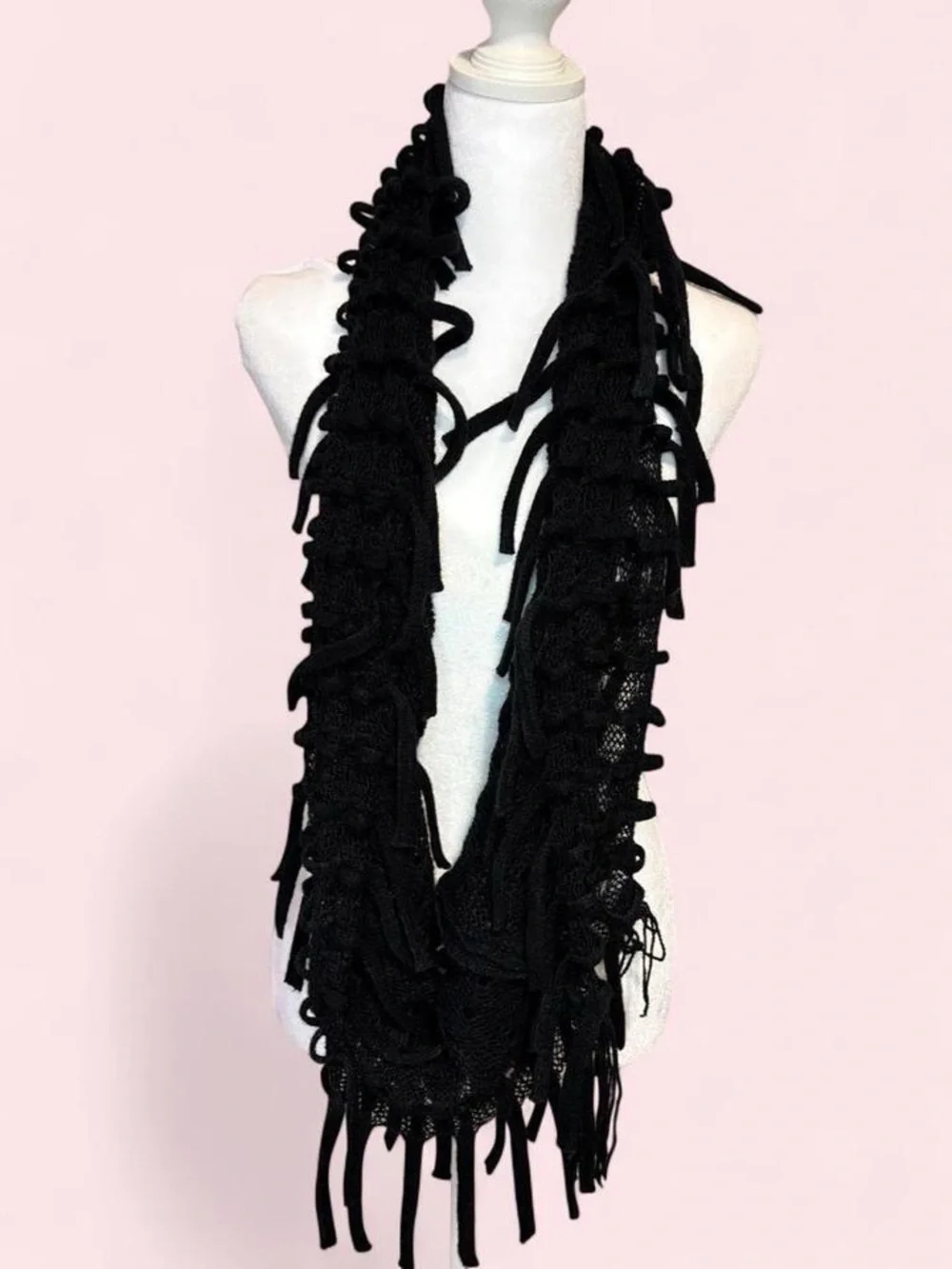 Black Crocheted Fringe One-Shoulder Shawl
